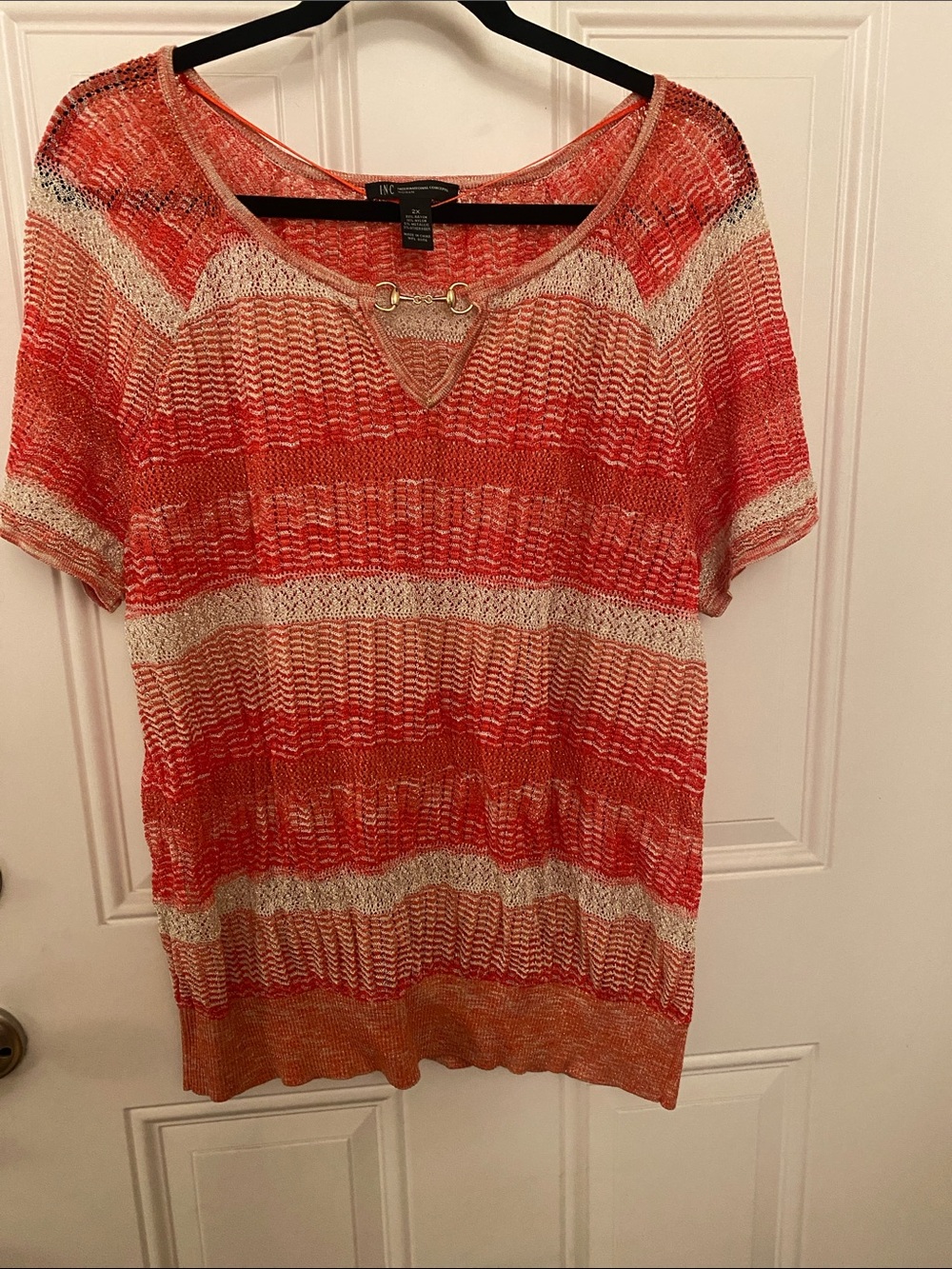 INC International Concepts Coral and Cream Striped Knit Short-Sleeve Top 2X